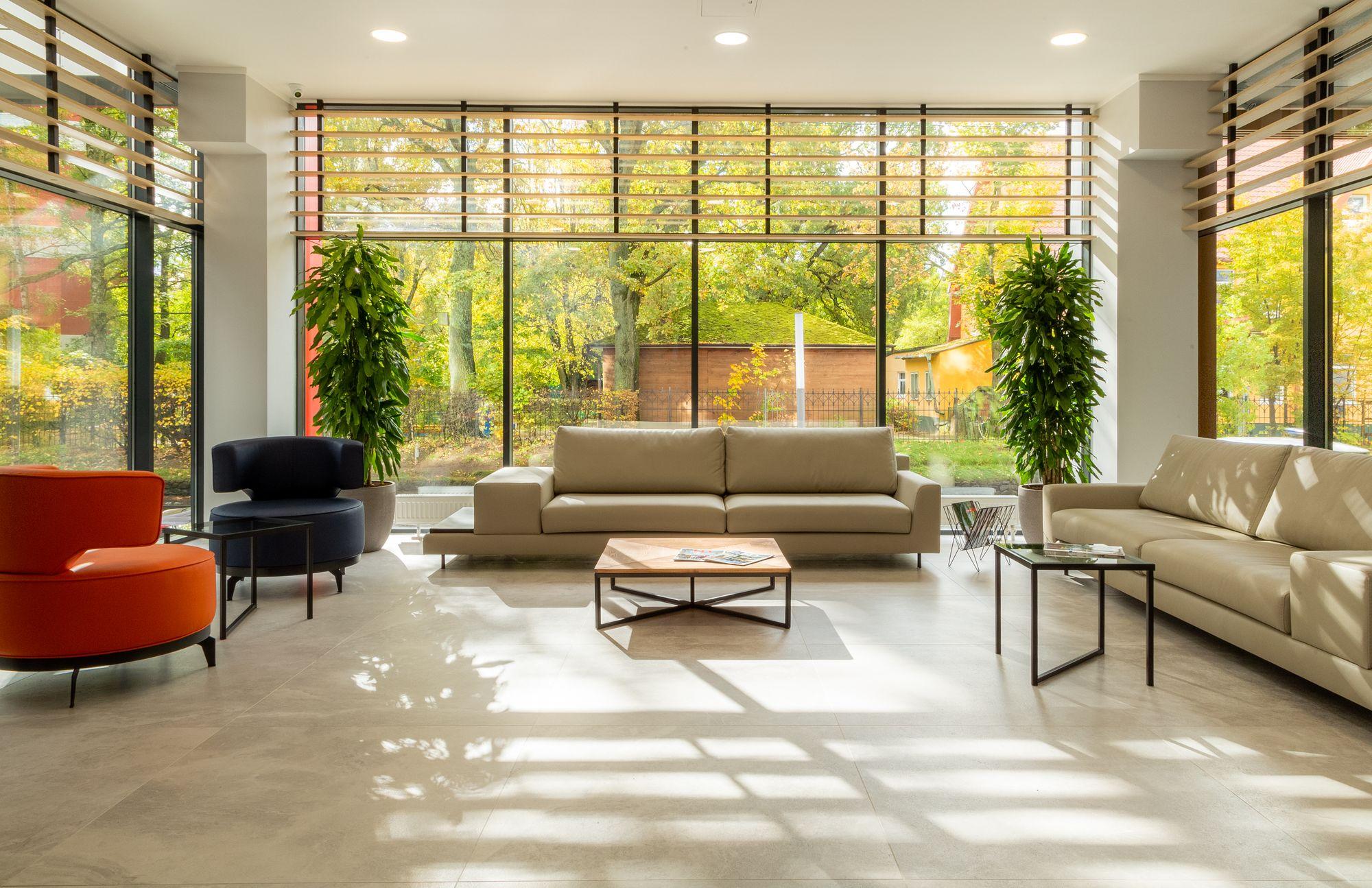 Bright, modern living room with large windows